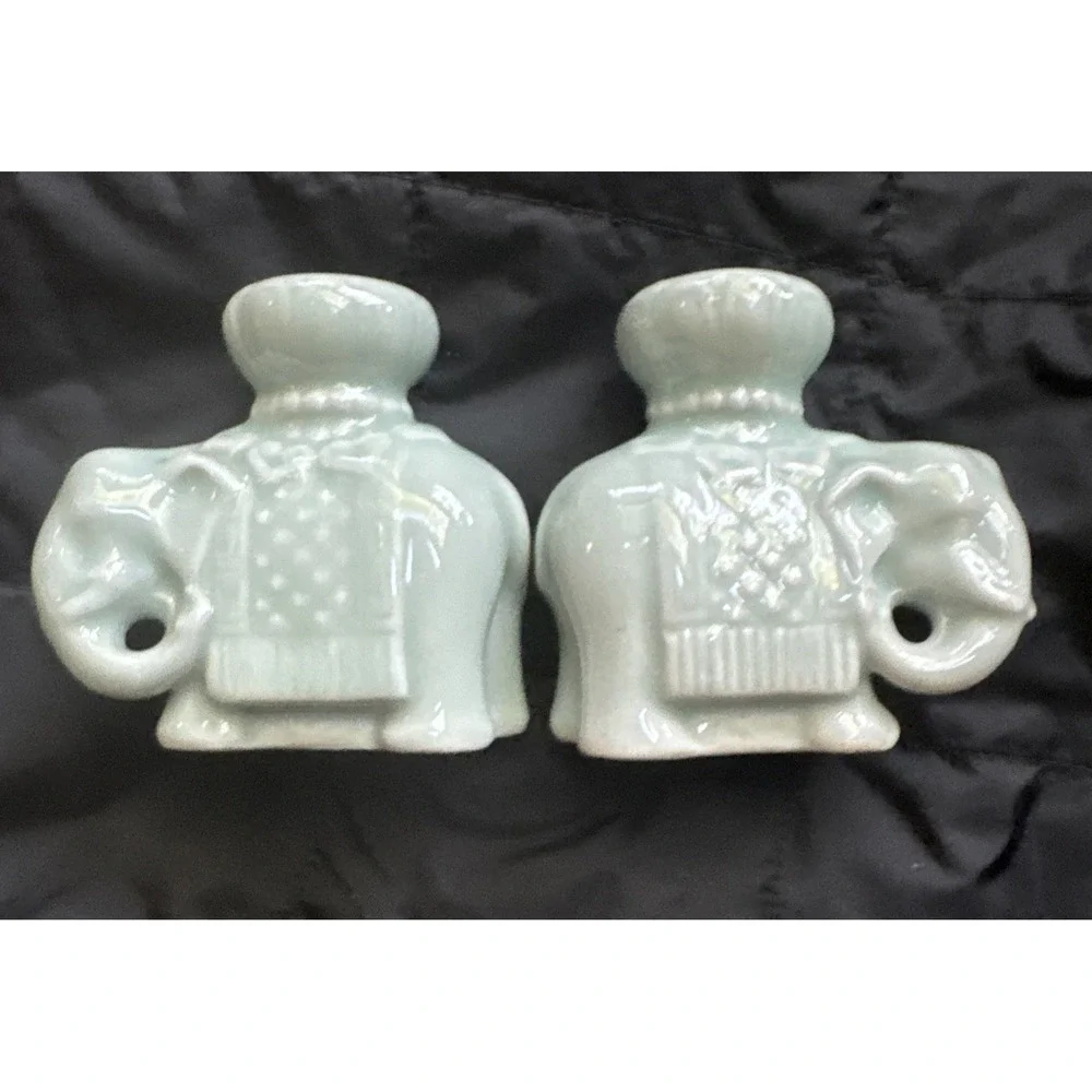 Chinese Elephant Candle‎ Holders Celadon Glaze Pottery Set Of 2 Vintage MCM Aqua